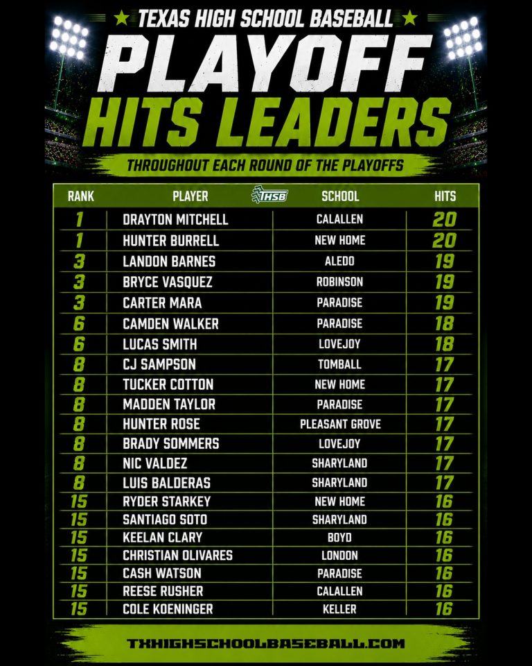 THSB State Tourney Top 20 Hits Leaders